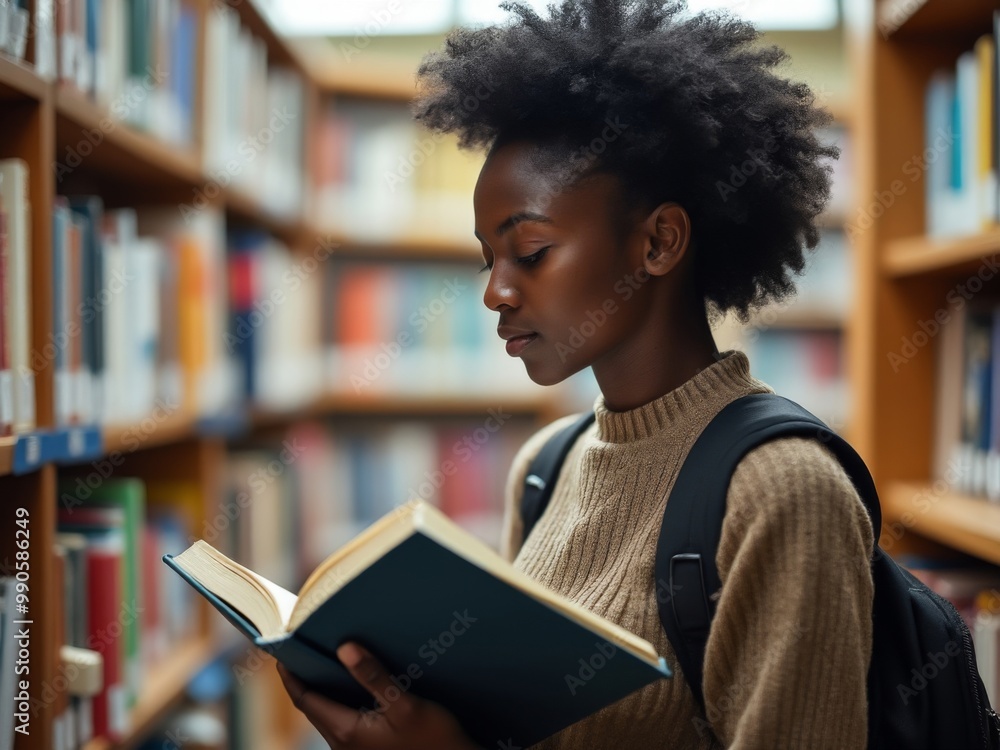 Focused young woman with natural curly hair reading a book in a library aisle, wearing a backpack and a warm sweater, representing education, learning, and academic dedication Focused young woman with natural curly hair reading a book in a library aisle, wearing a backpack and a warm sweater, representing education, learning, and academic dedication