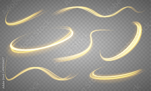Shine magic gold swirl with flare sparkles. Rotating shining rings.  Long exposure light painting photography, curvy lines of vibrant neon metallic yellow gold against a black background.