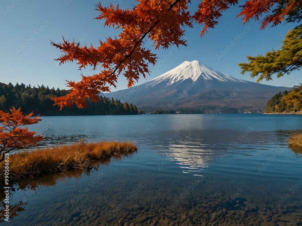 Fototapeta premium Autumn scene at Lake Motosu with Mount Fuji.