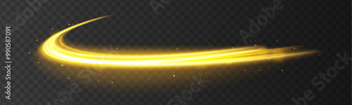 Long exposure light painting photography, curvy lines of vibrant neon metallic yellow gold against a black background. Gold light spiral effect. Glittering wavy trail.	
