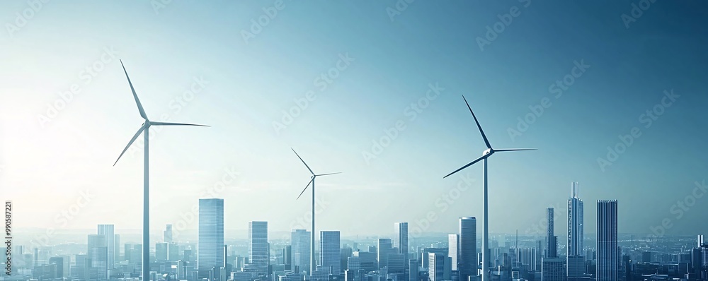 A futuristic cityscape powered by alternative energy sources, with wind ...