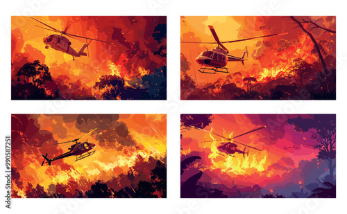 Helicopter flying forest fire cartoon vector concepts. Firefighters burning flame smoke sparkles coals soaring air vehicle disaster escaping operation brave rescue scenes