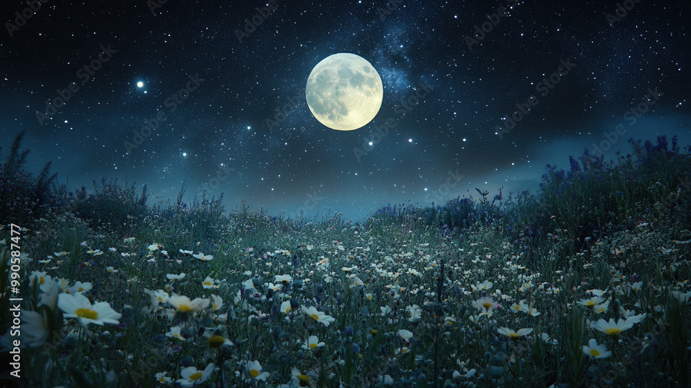 A peaceful night scene with a glowing full moon centered in a starry sky, softly illuminating a field of scattered flowers below. A peaceful night scene with a glowing full moon centered in a starry sky, softly illuminating a field of scattered flowers below.