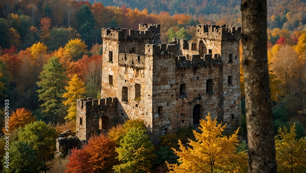Autumnal view of a castle ruin in a forest with colorful leaves. Autumnal view of a castle ruin in a forest with colorful leaves.
