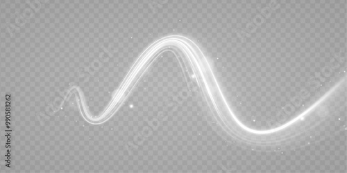 Realistic set of snow storm or wind swirls isolated on transparent background.  Light white bright white line swirl effect. 