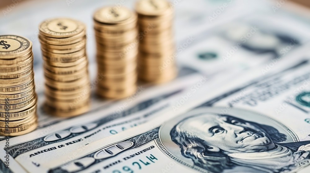 Stacks of coins arranged beside hundred-dollar bills on a wooden surface during daylight hours showcase wealth accumulation Stacks of coins arranged beside hundred-dollar bills on a wooden surface during daylight hours showcase wealth accumulation