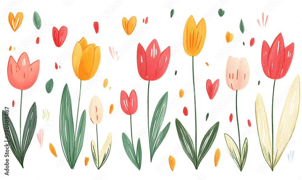 2D illustrator doodle-style floral and leaf graphics on a white background or wallpaper 2D illustrator doodle-style floral and leaf graphics on a white background or wallpaper