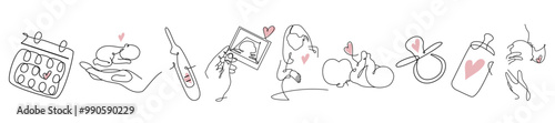 Vector set of Continuous line drawing of pregnant woman, Ultrasound, new born baby, pregnancy test and baby pacifier