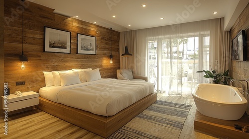 Wallpaper Mural Modern hotel bedroom with wooden decor and ample natural light in a cozy setting Torontodigital.ca