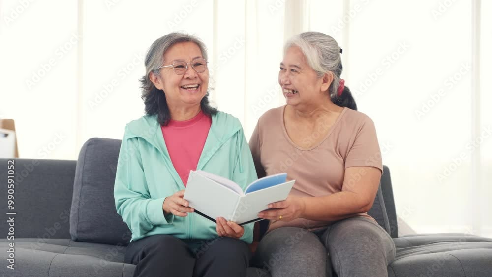 Two retired senior female friends spend their free time reading books, spending time and chatting to relieve stress on the sofa in a good mood. Two retired senior female friends spend their free time reading books, spending time and chatting to relieve stress on the sofa in a good mood.