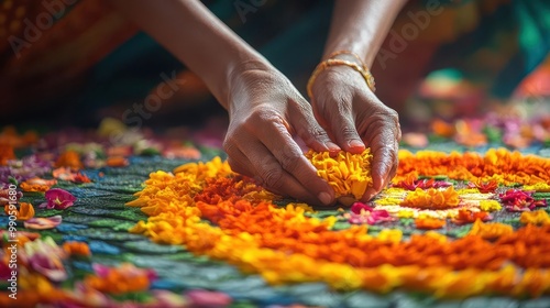 A close-up of hands arranging vibrant flower petals in a beautiful pattern for a festive celebration, showcasing rich cultural traditions.