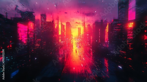 Abstract Cityscape Illustration with Red and Yellow Neon Lights