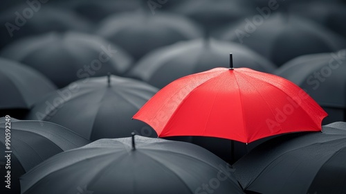 A vibrant red umbrella stands out among gray umbrellas symbolizing business and safety