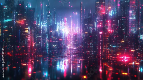 Cyberpunk Cityscape with Neon Lights Digital Illustration