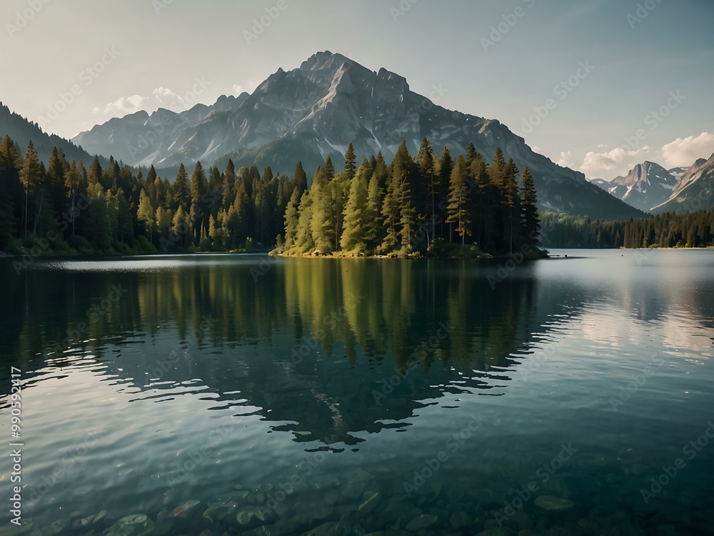 Naklejka premium Beautiful lake surrounded by trees and mountains.