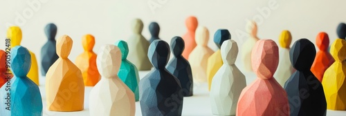 Multicolored wooden figurines representing diversity and inclusion in a modern abstract style. Concept of equality, diversity, and inclusion.