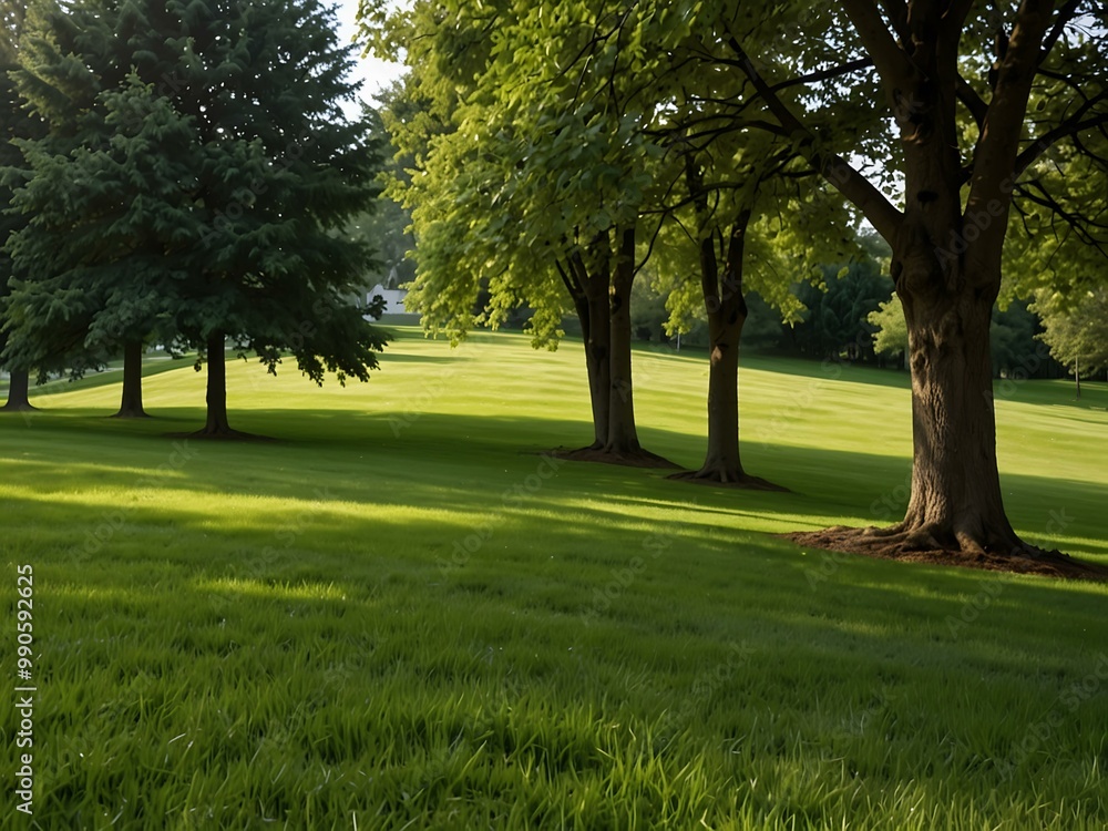 Fototapeta premium Beautiful lawn with green grass and trees.