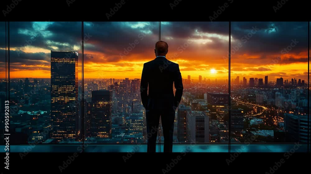 Urban Sunset Visionary: A silhouette of a businessman stands before a breathtaking cityscape sunset, contemplating the vast expanse of his empire. His back is to the viewer. Urban Sunset Visionary: A silhouette of a businessman stands before a breathtaking cityscape sunset, contemplating the vast expanse of his empire. His back is to the viewer.