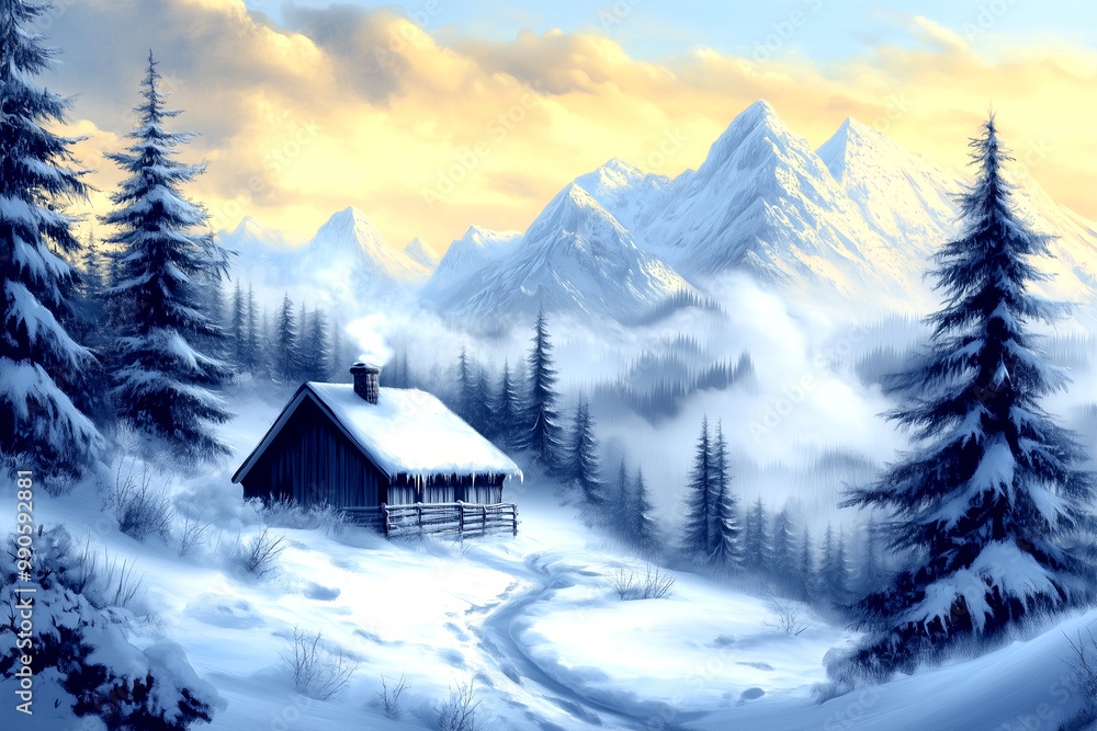 Fototapeta premium A cabin in the woods with a snowy landscape in the background. The cabin is surrounded by trees and the mountains in the distance. The painting has a peaceful and serene mood, evoking a sense of calm