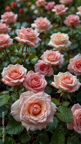Beautiful pink roses in a lush garden.