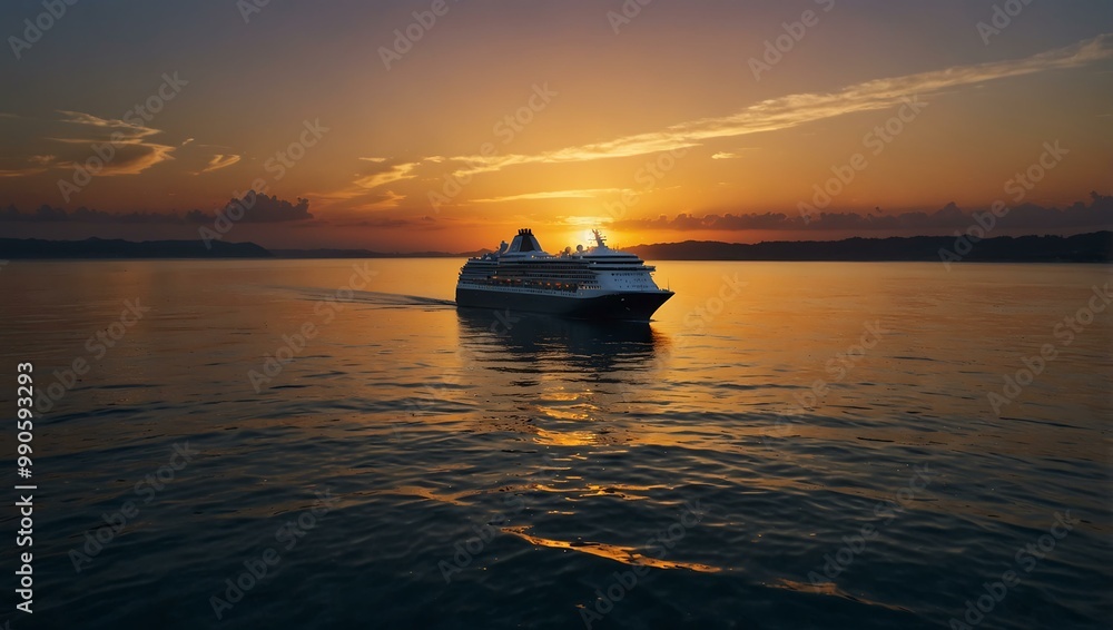 Naklejka premium Beautiful sunset over tranquil waters with a cruise ship silhouette.