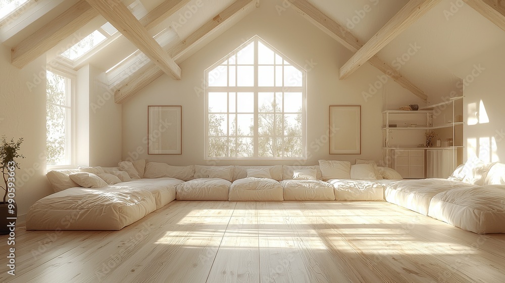 Bright and airy modern living room featuring large windows and a cozy sectional in a tranquil setting during the day Bright and airy modern living room featuring large windows and a cozy sectional in a tranquil setting during the day