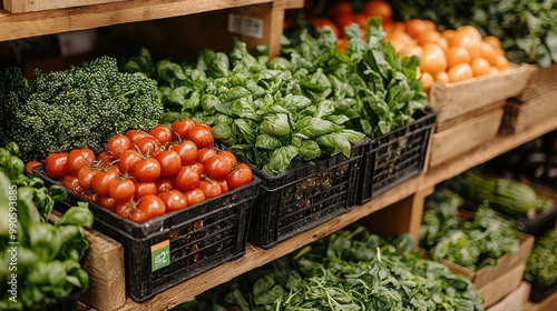 Fresh produce display featuring ripe tomatoes, vibrant basil, and oranges in a market during daytime photo