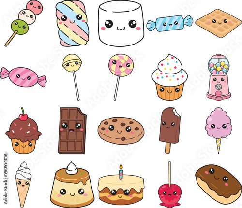 Cartoon set of kawaii sweets with simple lines and no gradients. each image on separate layer