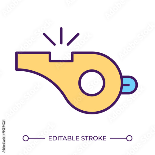Whistle RGB color icon. Sports equipment. Coaching. Referee whistle. Alert signal. Attention sound during game. Isolated vector illustration. Simple filled line drawing. Editable stroke