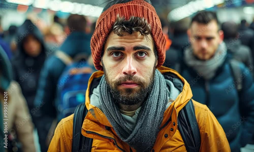 A man wearing a red hat and a yellow jacket stands in a crowded subway station Video A man wearing a red hat and a yellow jacket stands in a crowded subway station Video