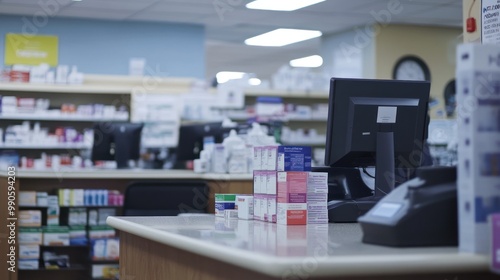 A pharmacy interior showcasing shelves of medications and a checkout area.