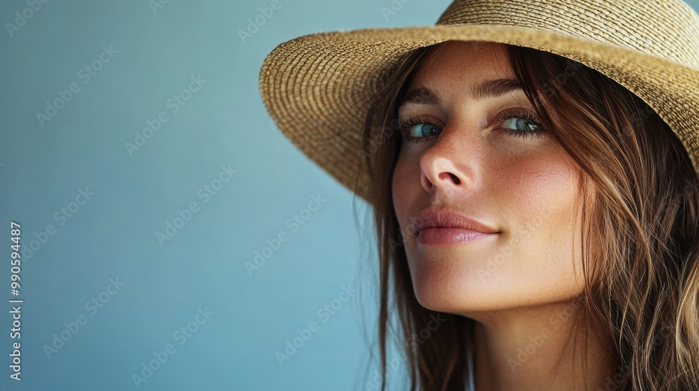 Stylish Woman in Straw Hat Posing Outdoors with Serene Smile Stylish Woman in Straw Hat Posing Outdoors with Serene Smile
