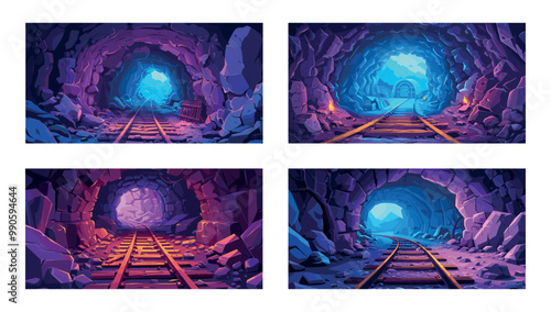 Mine tunnel cartoon vector concepts. Stone rocks trunk cave railway wooden boards gold mining prospectors quarry abandoned catacombs illustrations