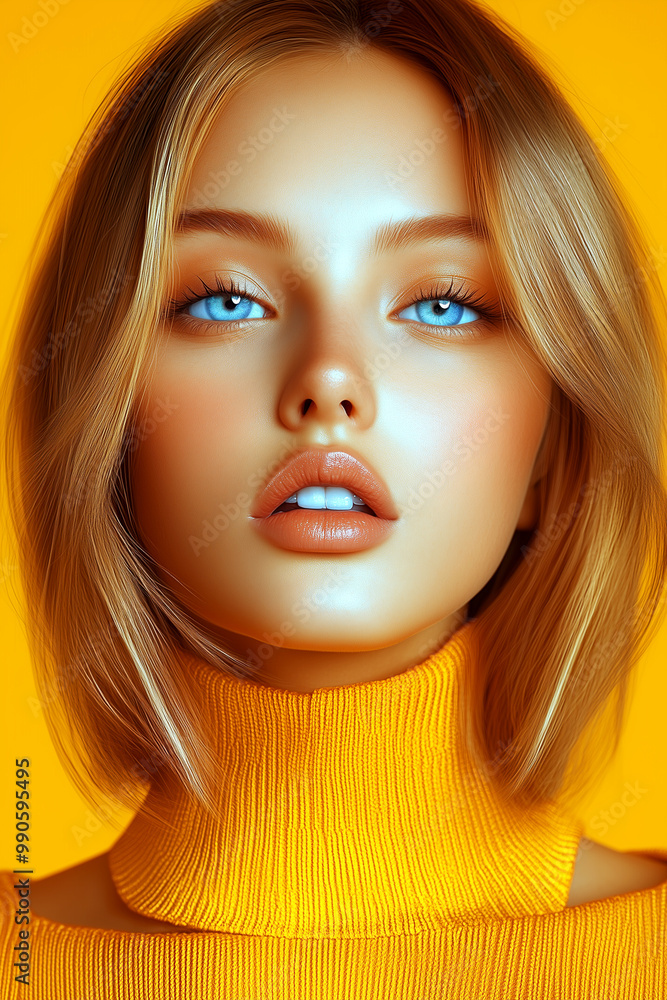 A woman with blonde hair and blue eyes is wearing a yellow sweater. She has a bright smile and her eyes are wide open. The image has a cheerful and friendly mood A woman with blonde hair and blue eyes is wearing a yellow sweater. She has a bright smile and her eyes are wide open. The image has a cheerful and friendly mood