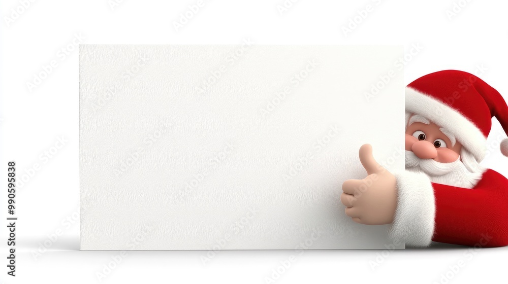 Santa Claus playfully peeks out while pointing at a blank sign, ready for festive greetings during the Christmas season Santa Claus playfully peeks out while pointing at a blank sign, ready for festive greetings during the Christmas season