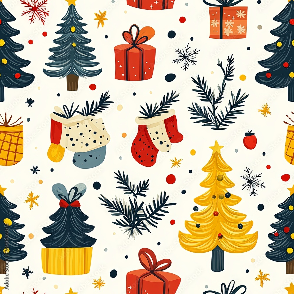 Festive Christmas Pattern with Trees and Gifts Festive Christmas Pattern with Trees and Gifts