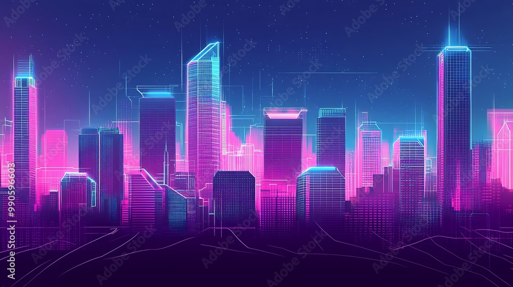 Neon cityscape with futuristic skyscrapers and glowing lines. Neon cityscape with futuristic skyscrapers and glowing lines.