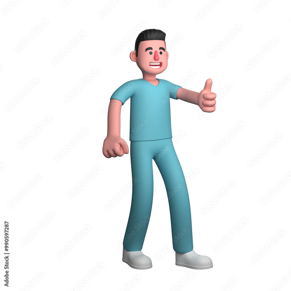 Professional Male Nurse 3D Cartoon. A male nurse is standing with a thumbs up on his left hand. Medical Care Expert Professional Male Nurse 3D Cartoon. A male nurse is standing with a thumbs up on his left hand. Medical Care Expert