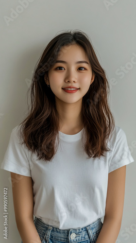 A young woman in a white T-shirt and jeans smiles for the camera.