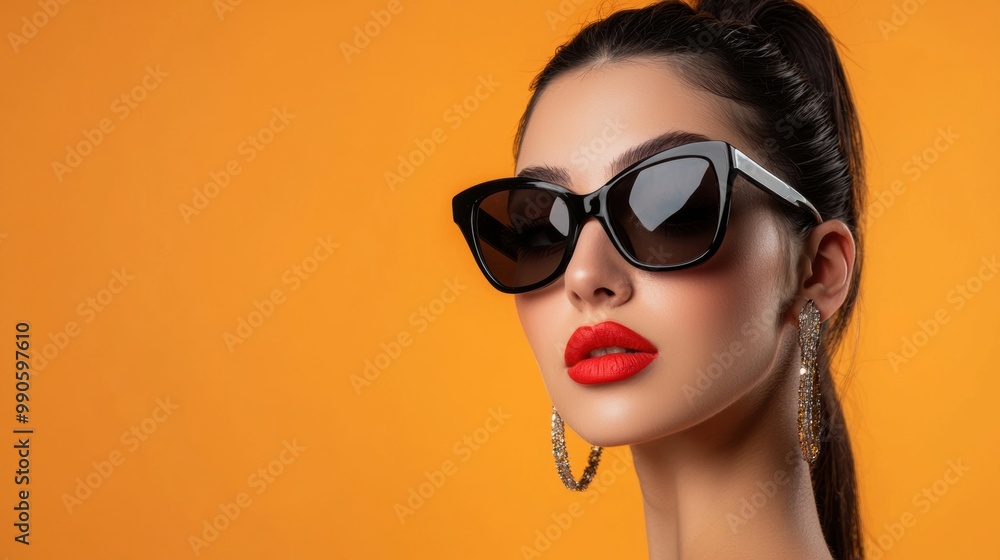Confident and Stylish Woman in Sunglasses Posing in Studio with Orange Backdrop Confident and Stylish Woman in Sunglasses Posing in Studio with Orange Backdrop