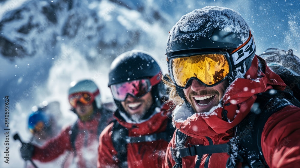 A group of cheerful skiers enjoy a snowy adventure in the mountains, showcasing excitement and camaraderie amidst breathtaking winter landscapes. A group of cheerful skiers enjoy a snowy adventure in the mountains, showcasing excitement and camaraderie amidst breathtaking winter landscapes.