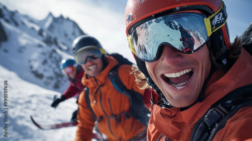 A group of cheerful skiers enjoy a sunny day on the slopes, showcasing excitement and camaraderie in a stunning winter landscape. A group of cheerful skiers enjoy a sunny day on the slopes, showcasing excitement and camaraderie in a stunning winter landscape.