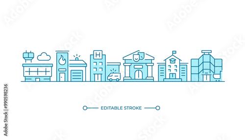 City infrastructure RGB color icon. Urban planning. Public services. Cityscape. Fire station, hospital and school. Isolated vector illustration. Simple filled line drawing. Editable stroke