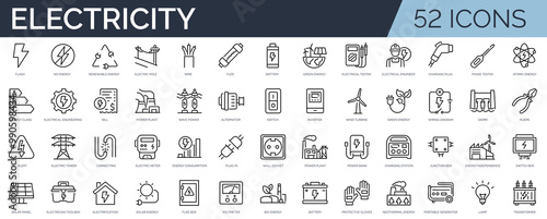 Set of 52 outline icons related to electricity. Linear icon collection. Editable stroke. Vector illustration
