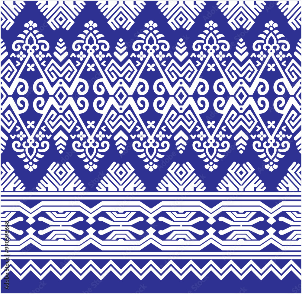 Fototapeta premium Vector illustration of traditional Indonesian songket motif design pattern, elegant blue color. Suitable for songket motifs, batik on cloth, backgrounds, weaving.