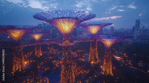 Supertrees powered by solar at Gardens By The Bay in Singapore at dusk 