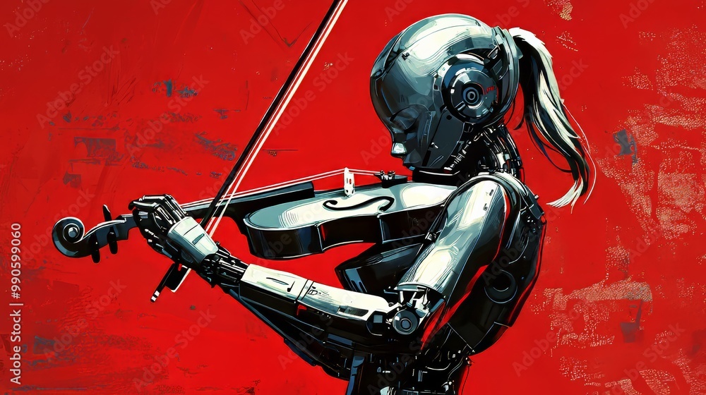 Fototapeta premium Futuristic Robot Playing Violin in a Vintage Sci-Fi Illustration with Red Background