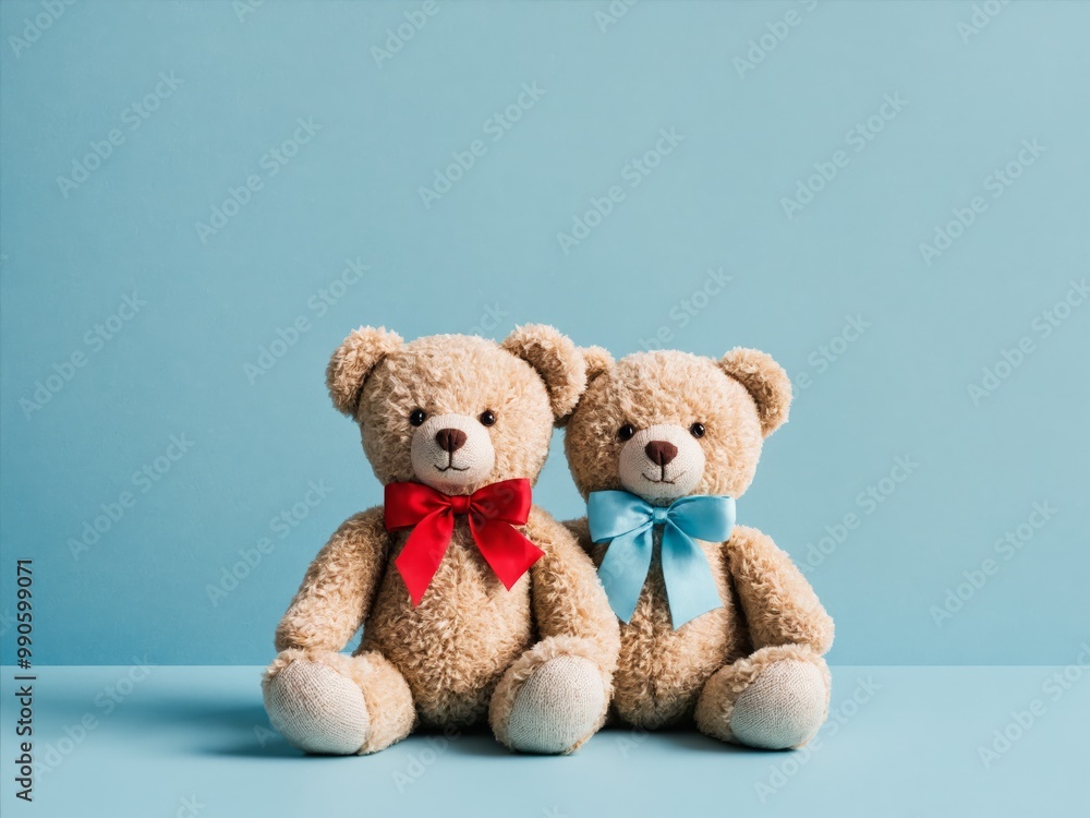 Teddy bears with bows sit together on a blue surface Teddy bears with bows sit together on a blue surface