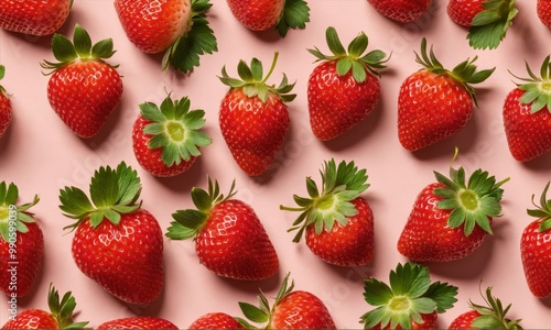 Ripe red strawberries with green leaves on pink background