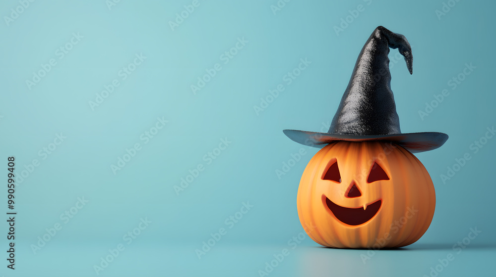 Halloween background with pumpkin wearing a witch with copy space for text Halloween background with pumpkin wearing a witch with copy space for text